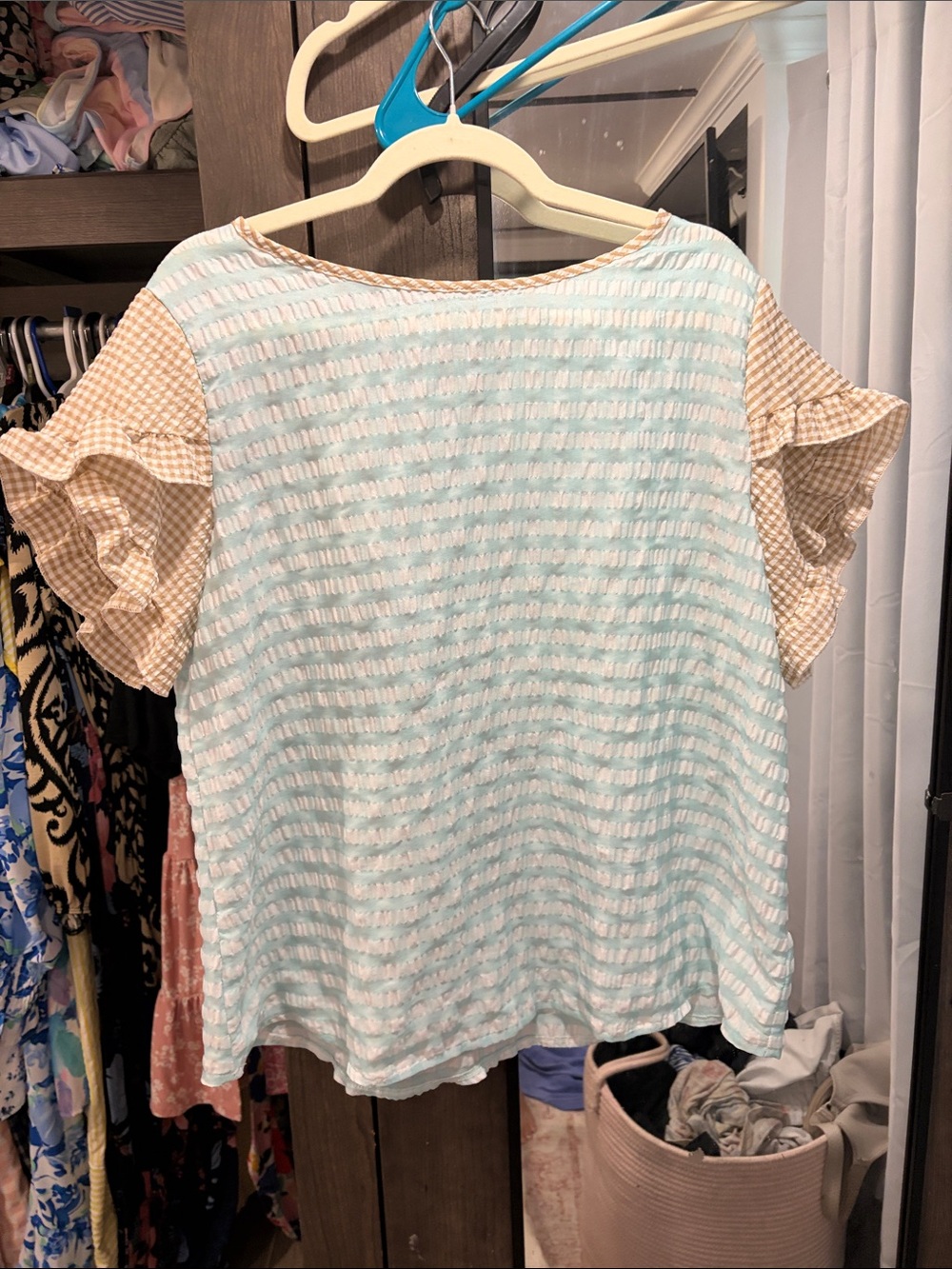 Light Blue Textured Short Sleeve Top with Gingham Ruffle Sleeves